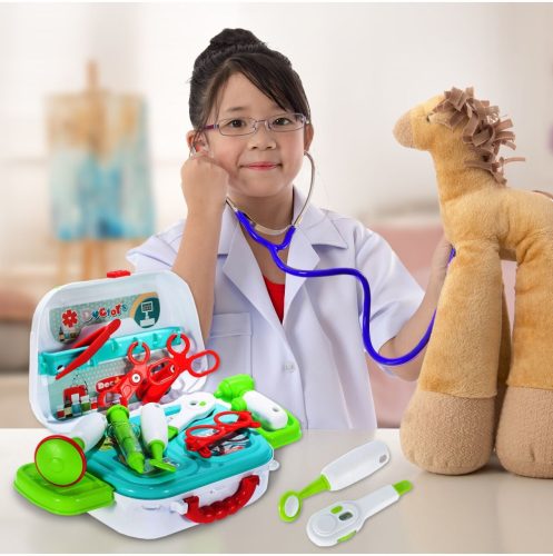 Kis doktor játékszett, hordozható műanyag táskában