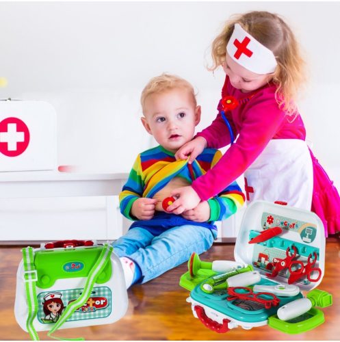 Kis doktor játékszett, hordozható műanyag táskában